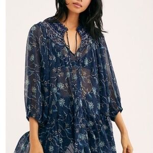 Free People Navy Blue Sheer Floral Blouse